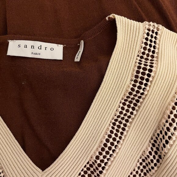 NWT New Sandro V-Neck Colorblock Chevron Mesh Insert Sweater Size S - Picture 10 of 11